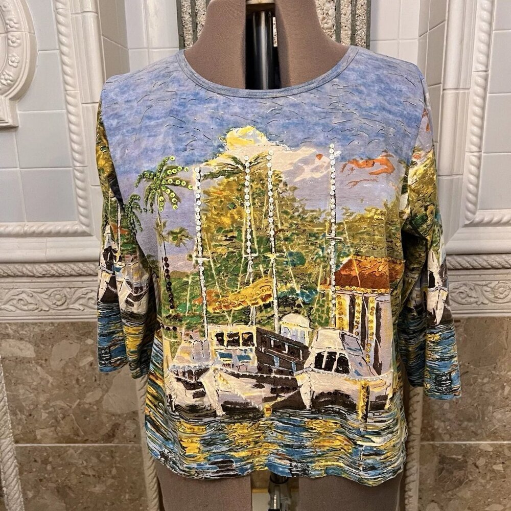 Take Two. Sz Large. Embellished Beaded Cruise Nautical Pullover 3/4 sleeve. B112